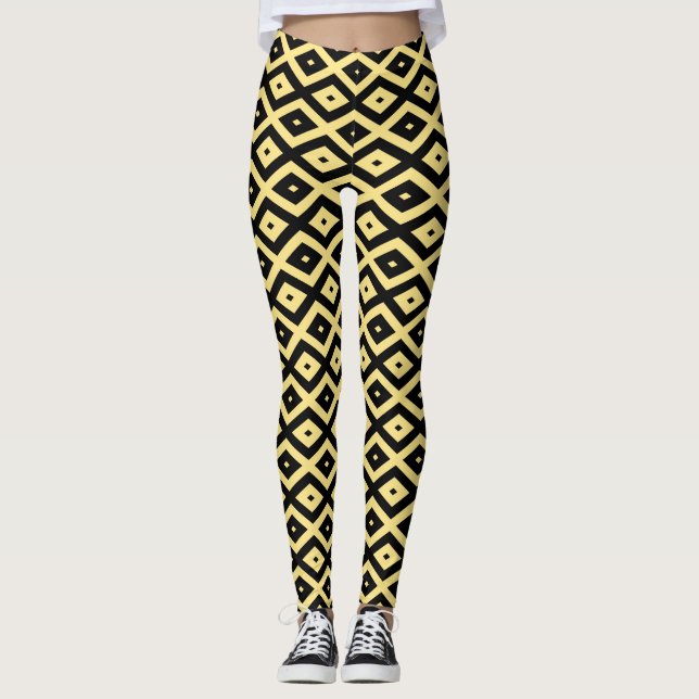 Lemon yellow and black diamond pattern leggings (Front)