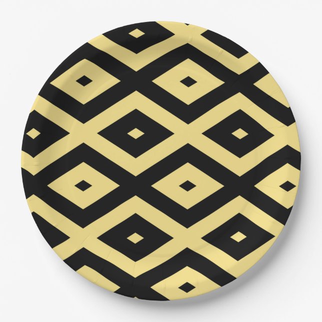 Lemon yellow and black diamond pattern paper plate (Front)
