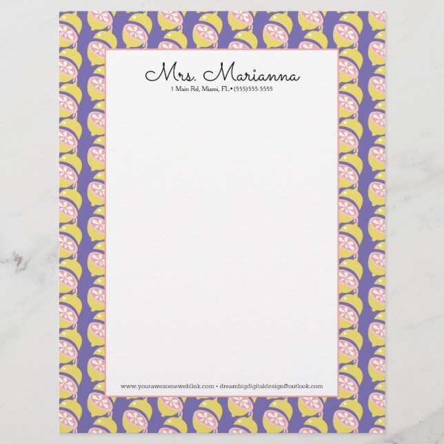 Lemon Yellow and Pink Dripping Summer Pattern Custom Letterhead (Front)