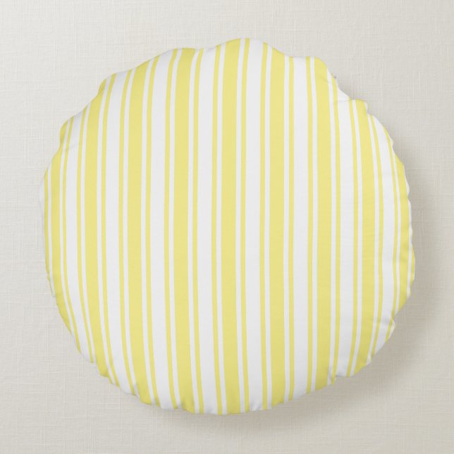 Lemon yellow and white candy stripes round cushion (Back)