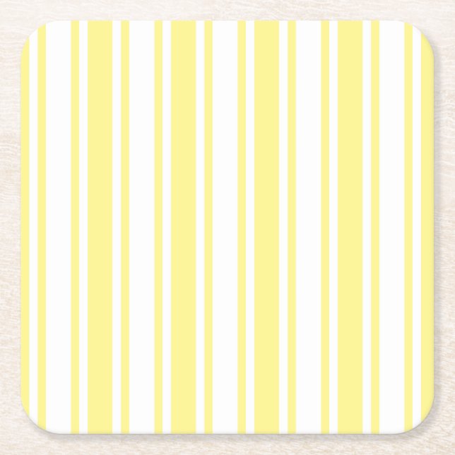 Lemon yellow and white candy stripes square paper coaster (Front)