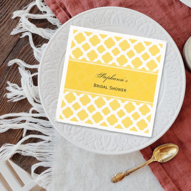 Lemon Yellow and White Quatrefoil Pattern Bridal Napkin (Creator Uploaded)