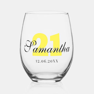 Lemon Yellow Birthday Number Black 3D Name Date Stemless Wine Glass