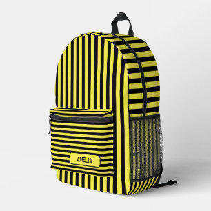Lemon Yellow Black Vintage Striped Name Printed Backpack