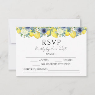 Lemon yellow blue floral summer wedding RSVP cards