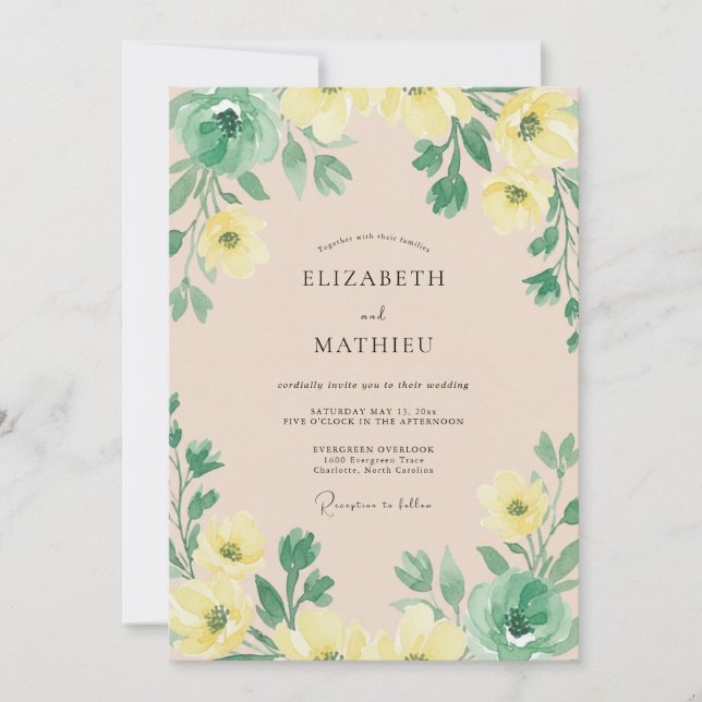Lemon Yellow Botanical Watercolor Wedding Invitation (Front)