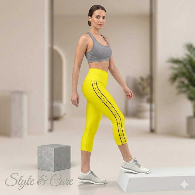 Lemon Yellow Capri Leggings with Black Side Stripe (Lemon Yellow Capri Leggings with Black Side Stripe)
