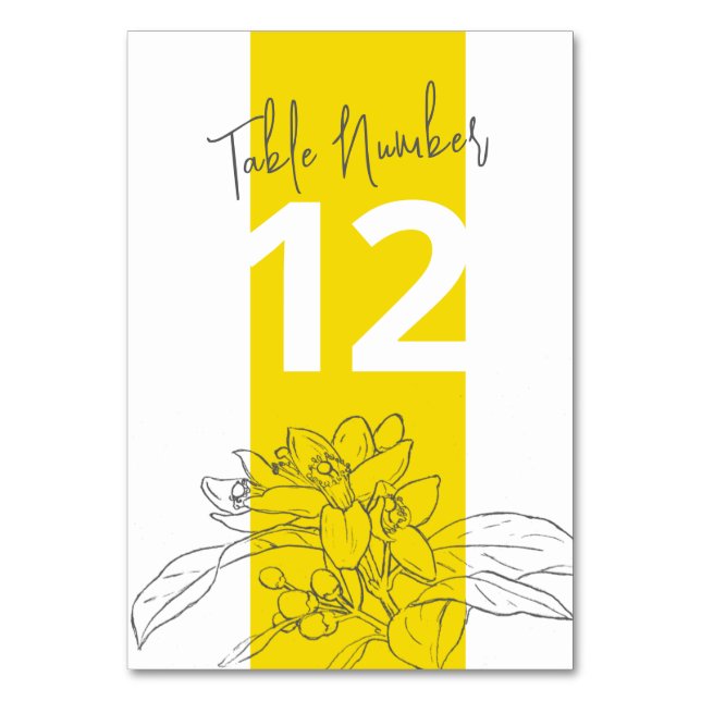 Lemon yellow citrus blossom grey white wedding table number (Back)