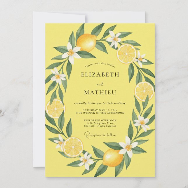 Lemon Yellow Citrus Eucalyptus Wedding Invitation (Front)