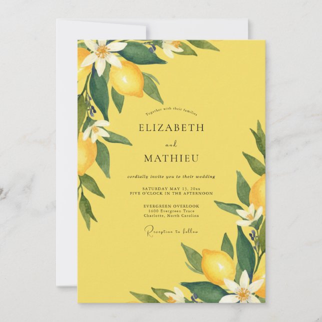 Lemon Yellow Citrus Muted Eucalyptus Wedding Invitation (Front)