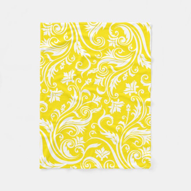 Lemon Yellow Damask Floral Pattern Fleece Blanket (Front)