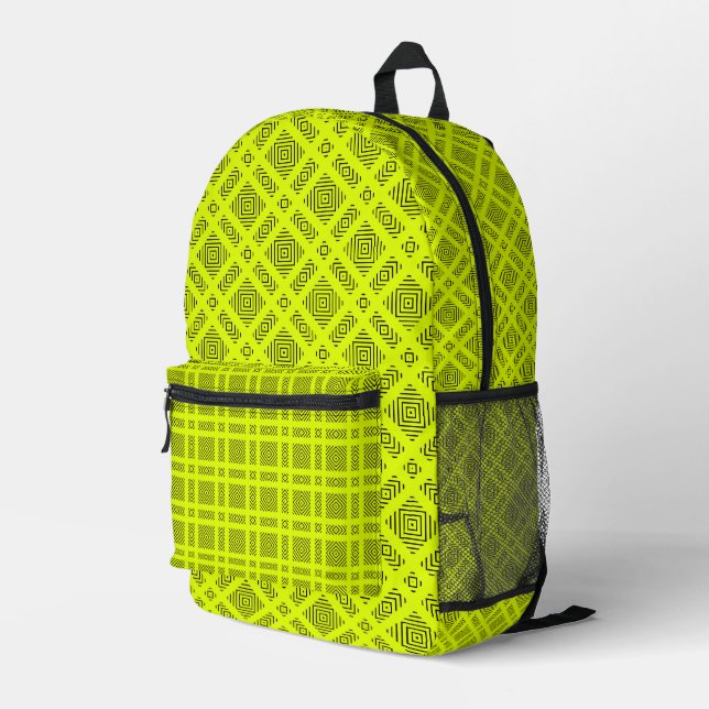 Lemon yellow geometric pattern printed backpack (Back Corner Right)