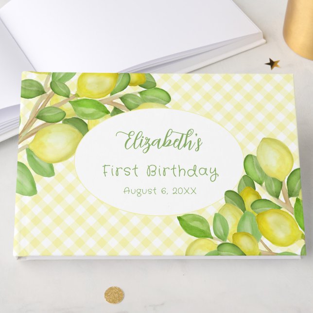 Lemon Yellow Gingham First Birthday Guest Book (Creator Uploaded)