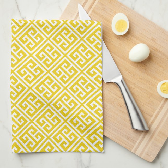 Lemon Yellow Greek Key Pattern Tea Towel (Quarter Fold)