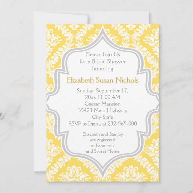 Lemon yellow, grey damask wedding bridal shower invitation (Front)