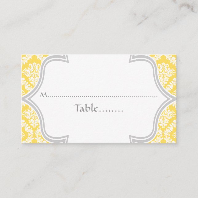 Lemon yellow, grey damask wedding place card (Front)