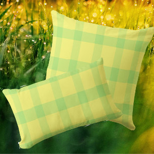 Lemon Yellow Lime Green Rustic Plaid Check Lumbar Cushion