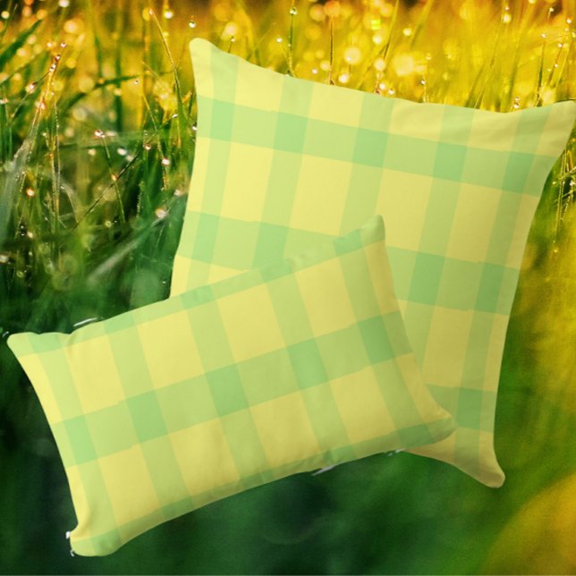 Lemon Yellow Lime Green Rustic Plaid Check Lumbar Cushion (Welcome spring with this lemon lime plaid!)