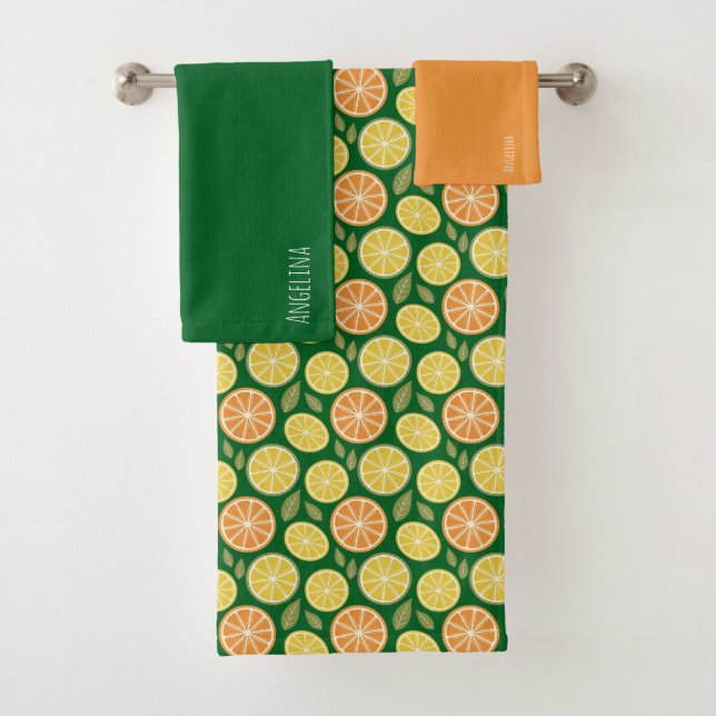 Lemon yellow orange  Pattern green name Bath Towel Set (Insitu)