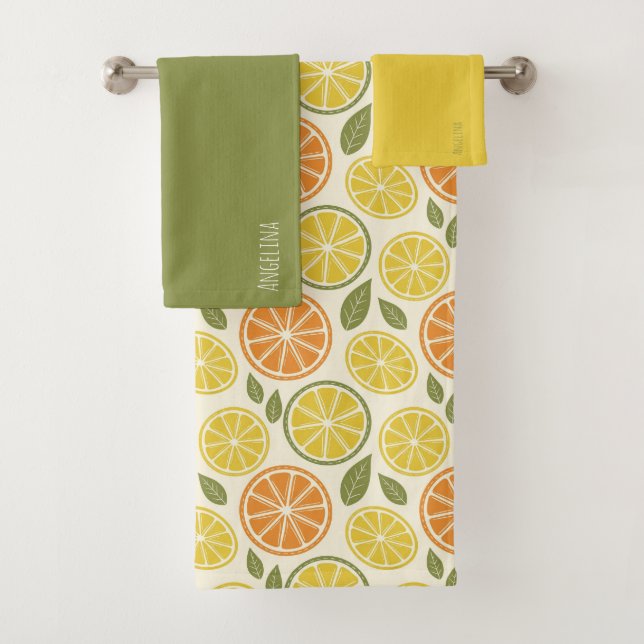 Lemon yellow orange  Pattern white name Bath Towel Set (Insitu)