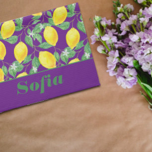 Lemon yellow pattern custom name purple tea towel
