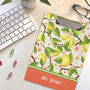 Lemon Yellow Personalised Name Floral Teacher  Clipboard