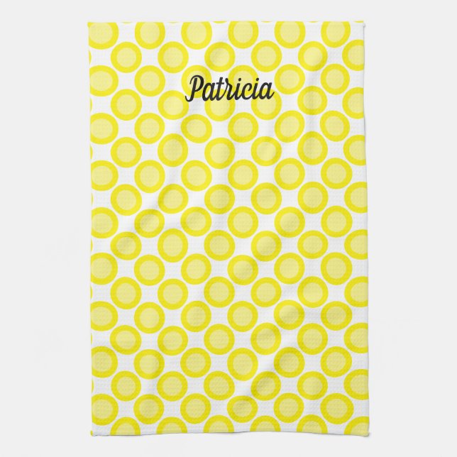 Lemon Yellow Polka Dots Custom Name Summer Fall Tea Towel (Vertical)