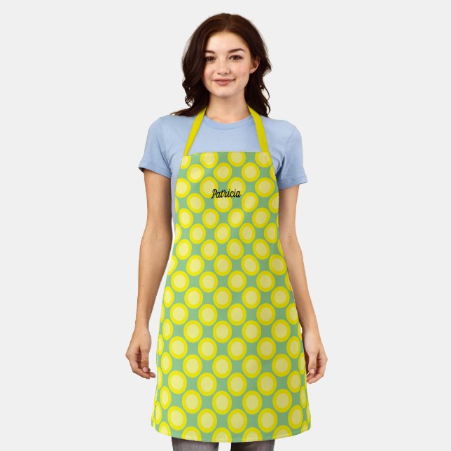 Lemon Yellow Polka Dots Sage Green Custom Name Apron (Worn)