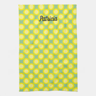 Lemon Yellow Polka Dots Sage Green Custom Name Tea Towel