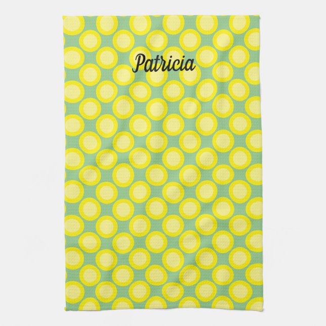 Lemon Yellow Polka Dots Sage Green Custom Name Tea Towel (Vertical)