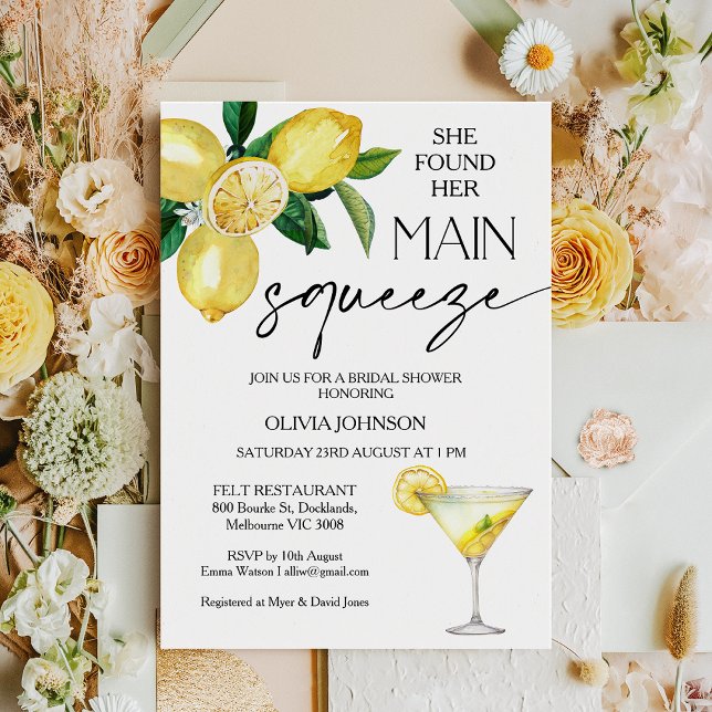 Lemon Yellow She Found Main Squeeze Bridal Shower Invitation (Lemon Bridal Shower Invitation Template, Lemon Drop Martini Cocktail Main Squeeze Bridal Shower)