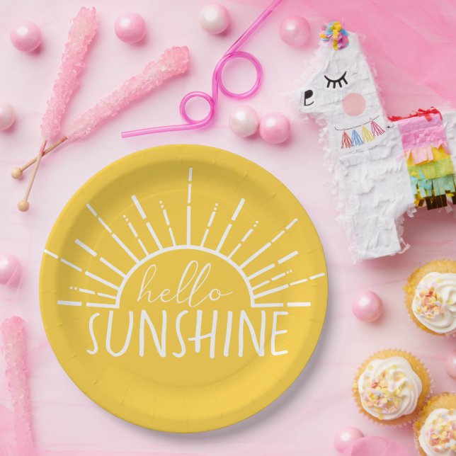 Lemon Yellow Simple Modern Hello Sunshine     Paper Plate (Party)
