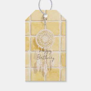 Lemon Yellow Squares Cream Dream Catcher Birthday Gift Tags