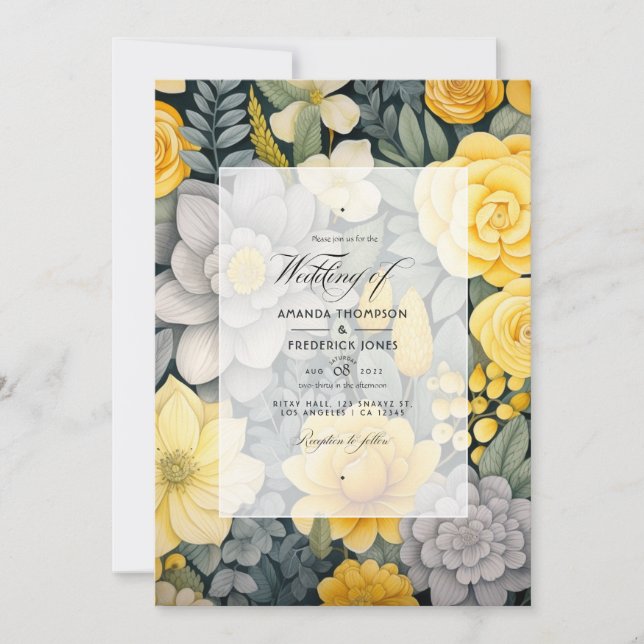 Lemon Yellow, Stormy Grey and Light Grey Wedding Invitation (Front)