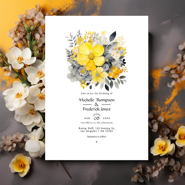 Lemon Yellow, Stormy Grey and Light Grey Wedding Invitation (Creator Uploaded)