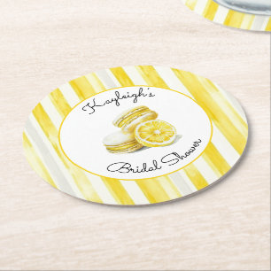 Lemon Yellow Stripes Macarons Bridal Shower  Round Paper Coaster