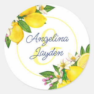 Lemon Yellow Summer Elegant Script Wedding Classic Round Sticker