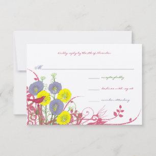Lemon Yellow Violet Deep Pink Wild Flower Wedding RSVP Card