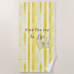 Lemon Yellow White Stripes Butterfly Find Joy Beach Towel