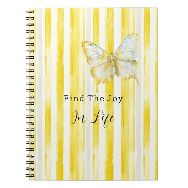 Lemon Yellow White Stripes Butterfly Find Joy Notebook (Front)