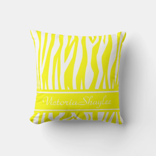 Lemon Yellow Zebra Print with custom text Cushion (Front)