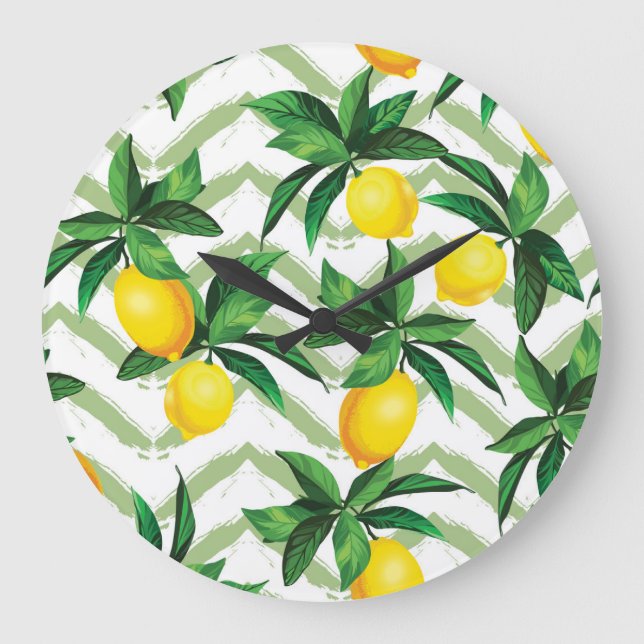 Lemon zigzag: vintage hand-drawn pattern. large clock (Front)
