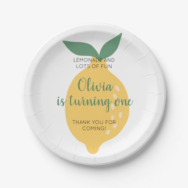 Lemonade and Turning One Lemon 1st Birthday Paper Plate (Front)