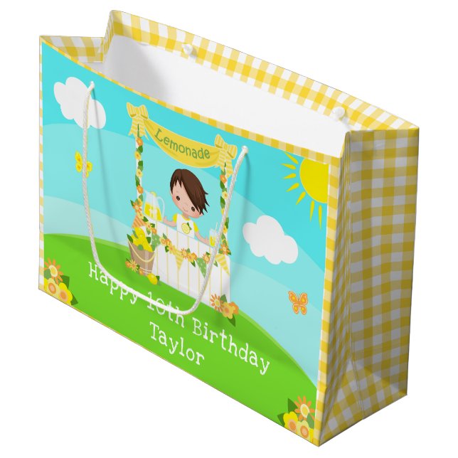 Lemonade Brown Hair Boy Happy Birthday Large Gift Bag (Front Angled)