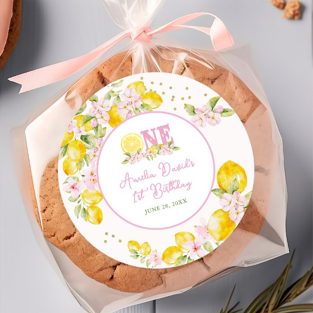 Lemonade Floral 1st Birthday Classic Round Sticker (Creator Uploaded)