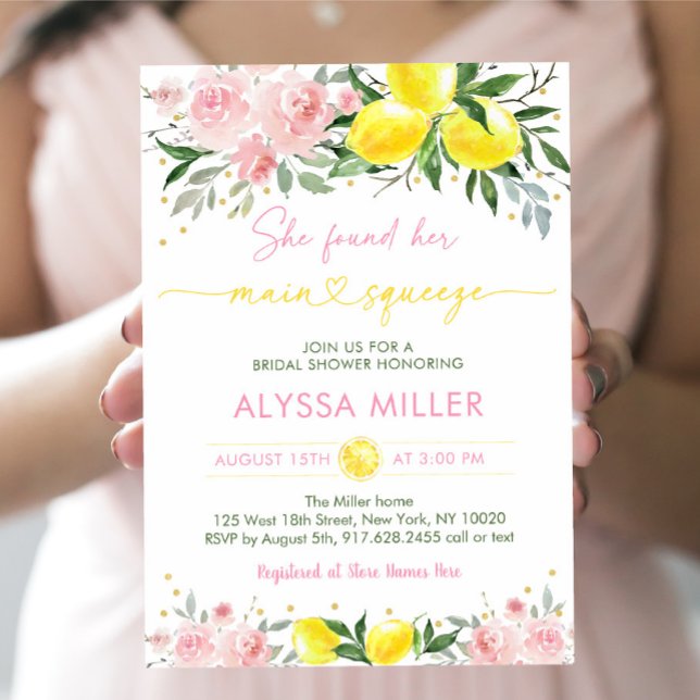 Lemonade Main Squeeze Pink Floral Bridal Shower Invitation (Creator Uploaded)