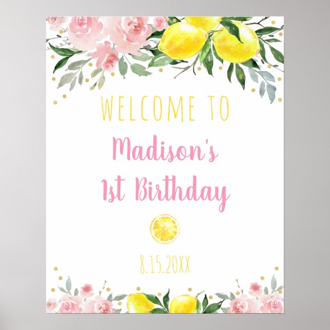 Lemonade Pink Floral Birthday Welcome Poster (Front)
