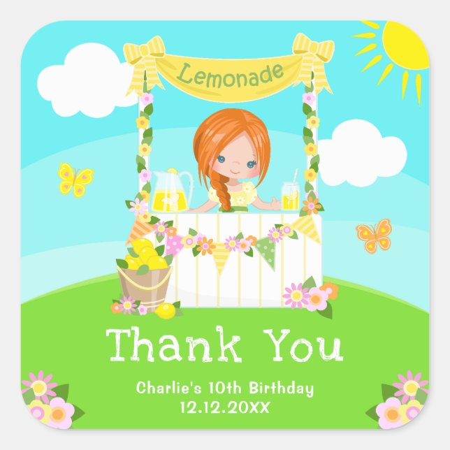 Lemonade Red Hair Girl Birthday Thank You Square Sticker (Front)
