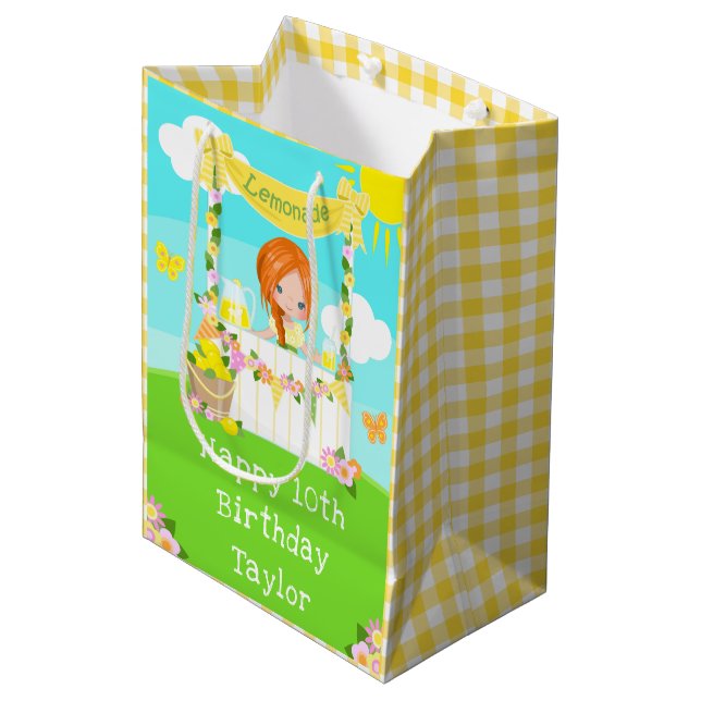 Lemonade Red Hair Girl Happy Birthday Medium Gift Bag (Front Angled)