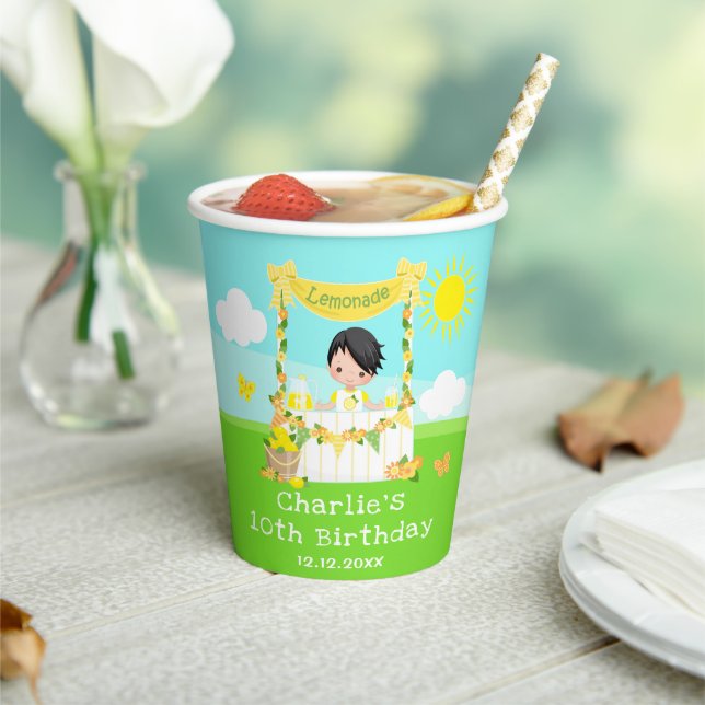 Lemonade Stand Birthday Black Hair Boy Paper Cups (Insitu)